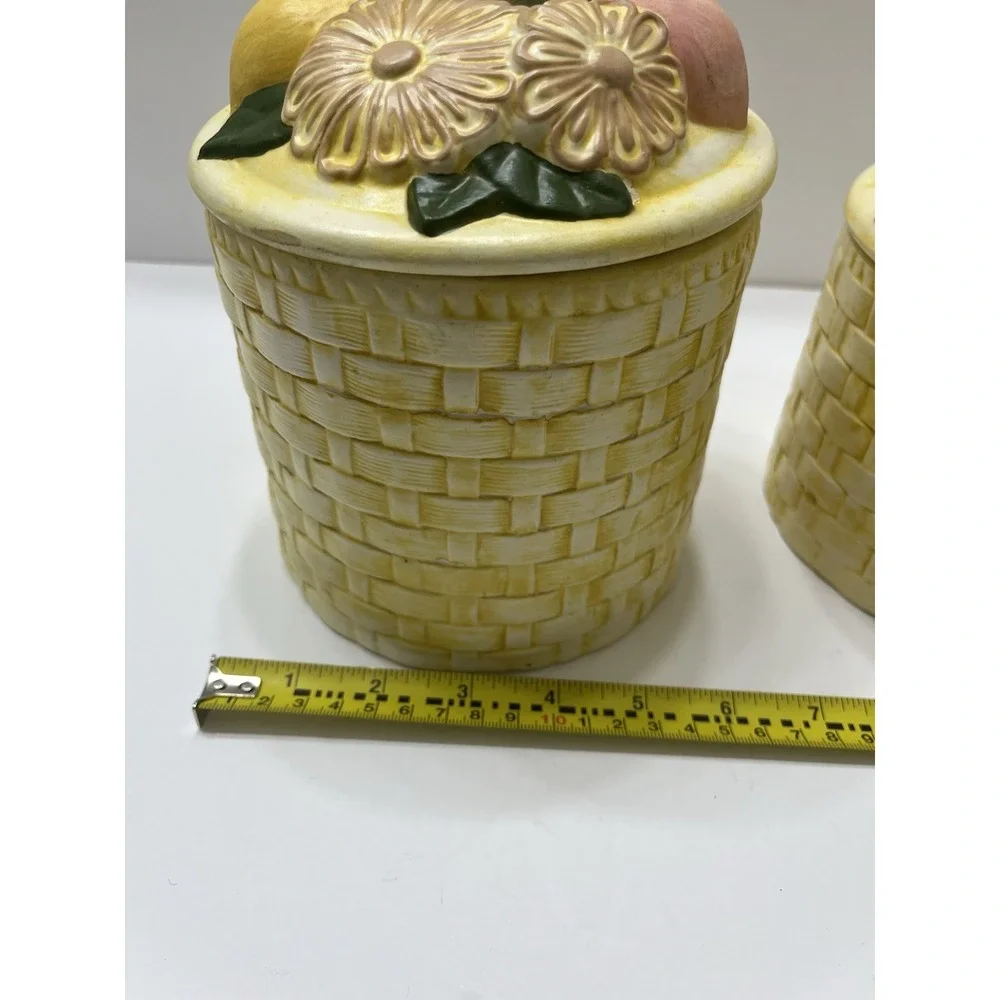 Vintage Ceramic Canister Set Of 2 Yellow Basket Weave Fruit With Lids 1970s